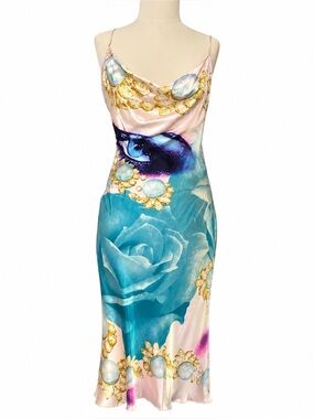ROBERTO CAVALLI ELIZABETH TAYLOR EYE & FLORAL PRINTED SILK DRESS SIZE S 2001